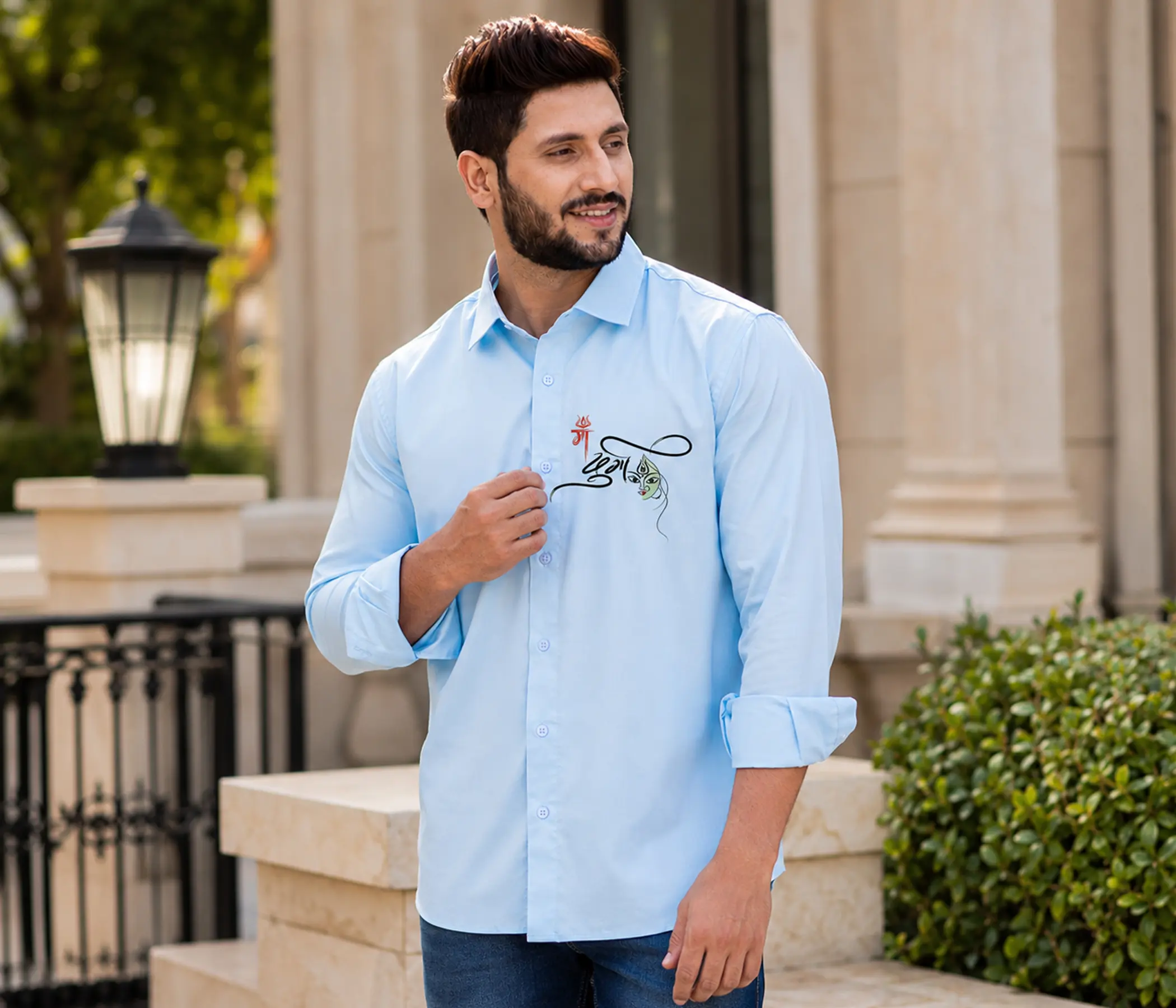 Sky Blue Hand-Painted Maa Durga Shirt for Perfect Mens Collection